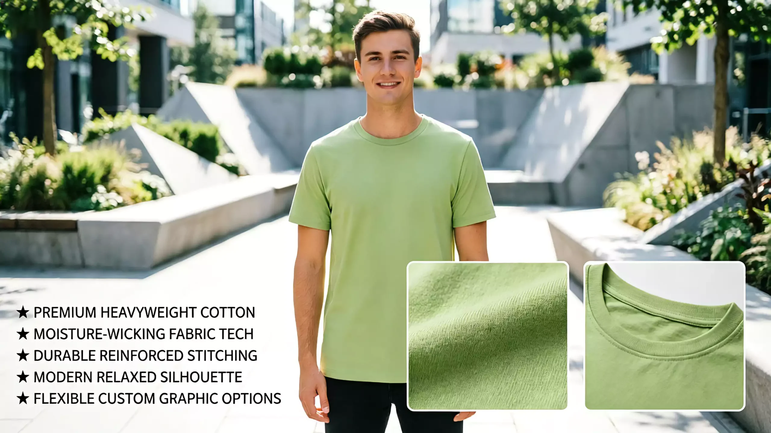 A male model wearing a light green t-shirt, with product benefits listed on the left and close-ups of fabric and collar details on the right.