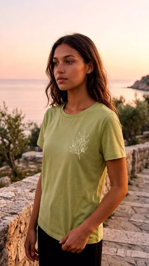 A female model wearing a light green crew-neck t-shirt with an olive leaf print, looking out by a seaside stone wall at sunset.