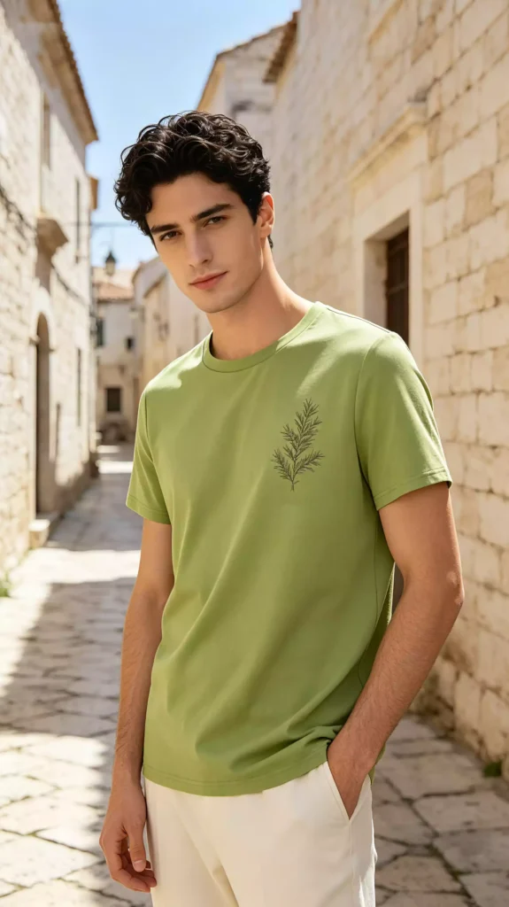 A young male model wearing a light green crew-neck t-shirt with a botanical branch print, standing on a sunlit European old town street.