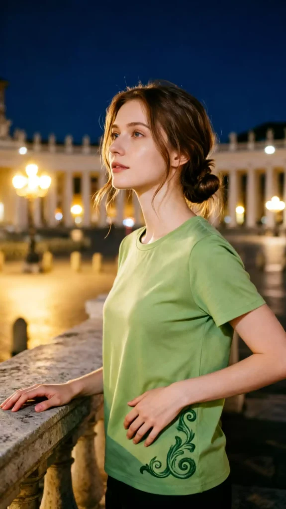 A female model wearing a light green t-shirt with a vintage vine print, standing by an old city stone wall at night.