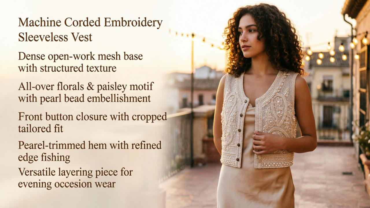 A model wearing a machine-corded embroidery sleeveless vest on an outdoor terrace, with key product features listed on the left, such as floral paisley motifs, pearl embellishments, and front button closure.