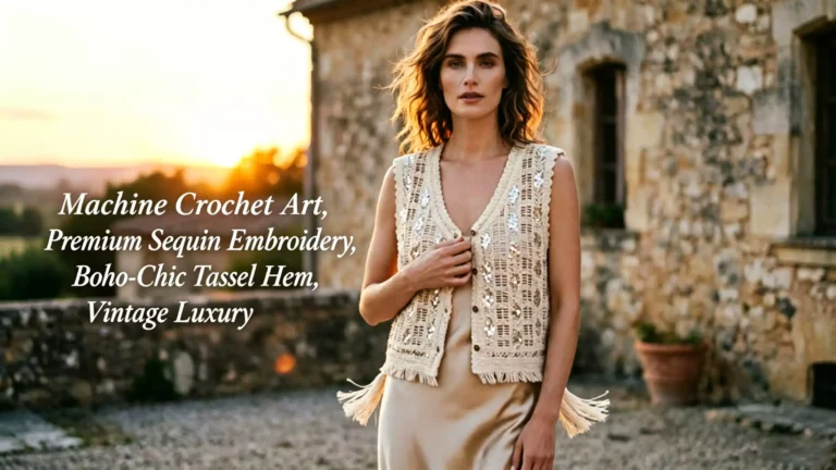 A model wearing a premium machine-crochet vest with sequin embroidery and tassel hem in front of a rustic villa at sunset, exuding vintage luxury.