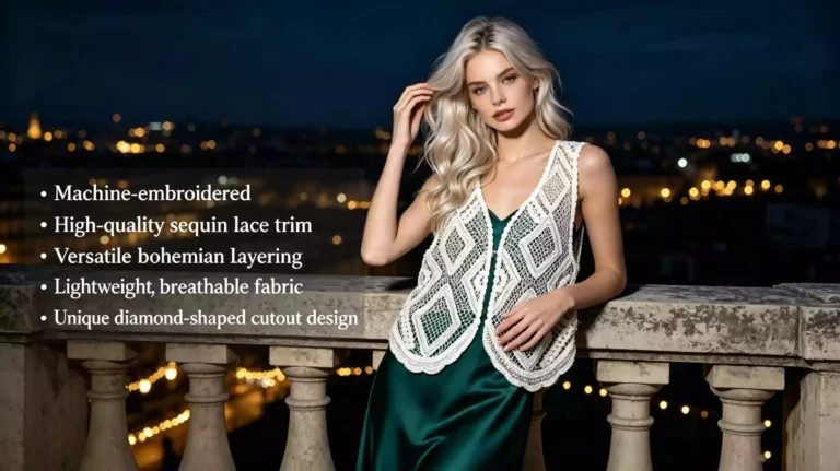 A promotional banner featuring "Machine embroidery" text on the left, a model wearing the vest in the center, and a zoomed-in detail shot of the circular floral crochet pattern on the right.