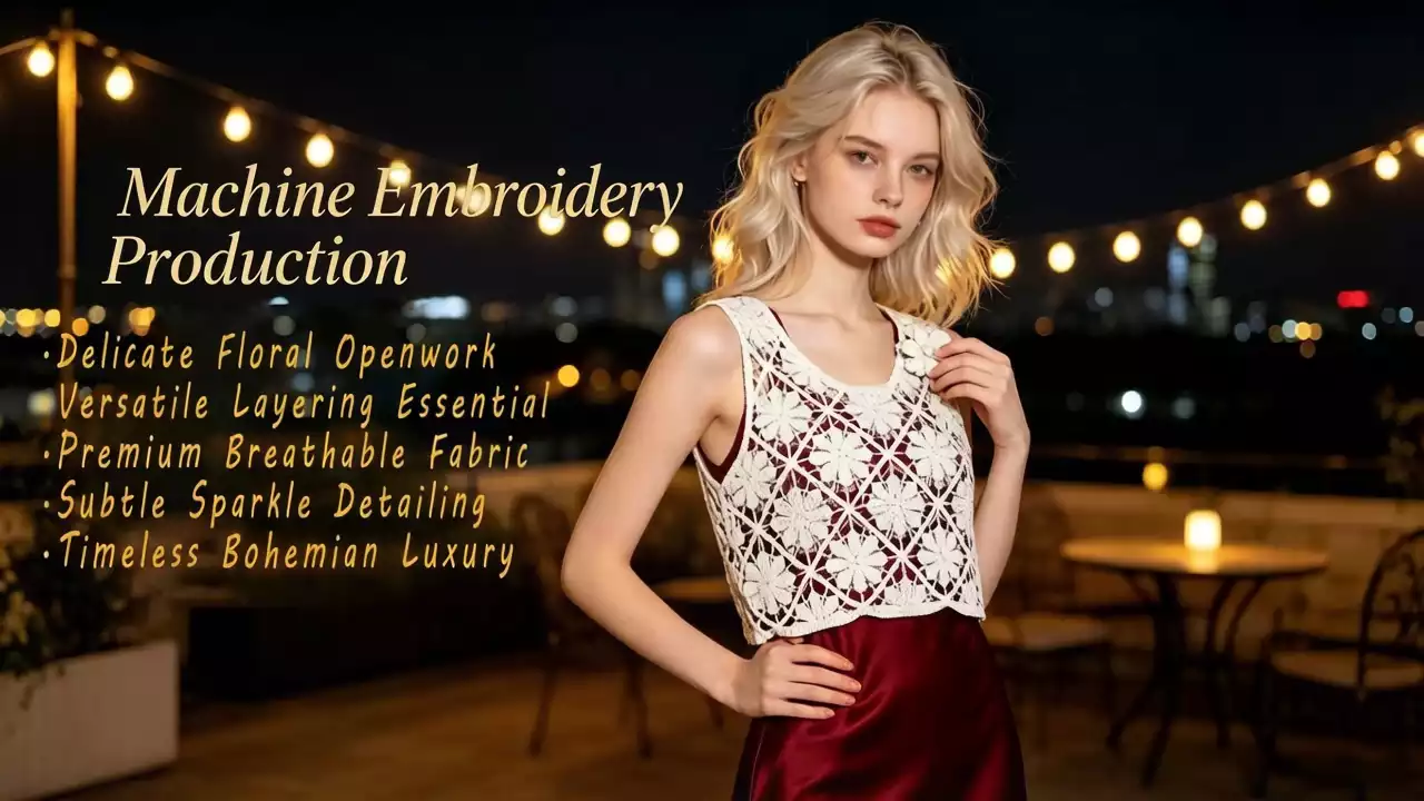 A model posing on a city terrace at night wearing a machine-embroidered floral crochet vest, with product highlights like breathable fabric and bohemian style listed on the left.