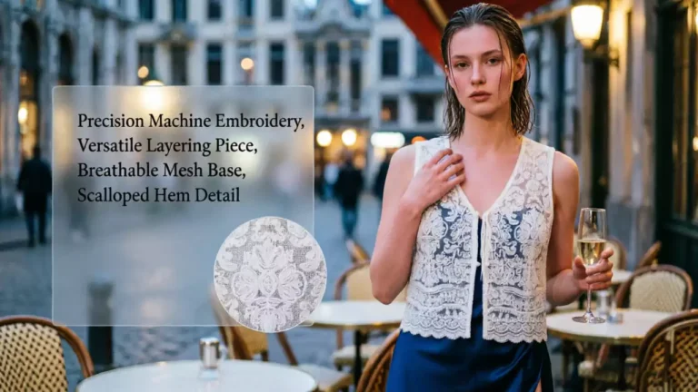 A promotional brand poster featuring a model wearing a lace embroidery vest at a European cafe at night, with product highlights listed on the left and a fabric pattern close-up in the inset.
