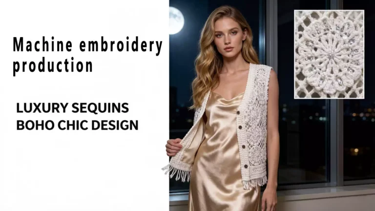 A promotional banner featuring "Machine embroidery" text on the left, a model wearing the vest in the center, and a zoomed-in detail shot of the circular floral crochet pattern on the right.