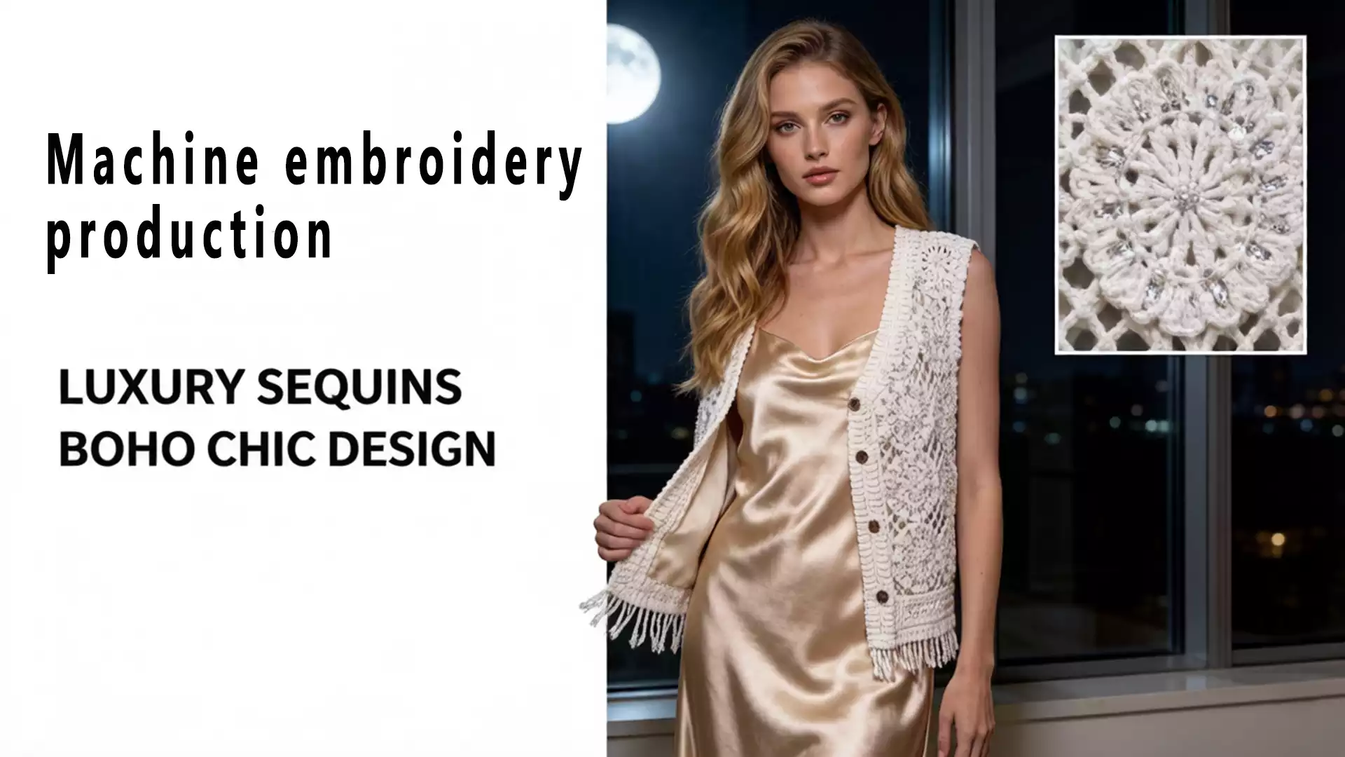 A promotional banner featuring "Machine embroidery" text on the left, a model wearing the vest in the center, and a zoomed-in detail shot of the circular floral crochet pattern on the right.
