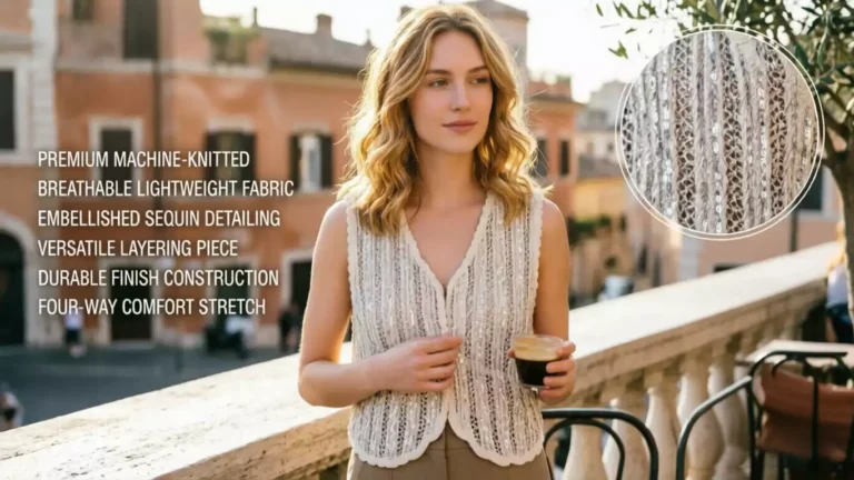 A model wearing a premium machine-knitted sequin vest on an outdoor terrace, with product features listed on the left and a close-up of the sequin fabric texture in the top right.