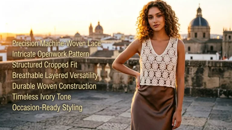 A model wearing a machine-woven ivory lace vest on a terrace overlooking an ancient city at sunset, with key product features listed on the left, such as precision craftsmanship and layering versatility.
