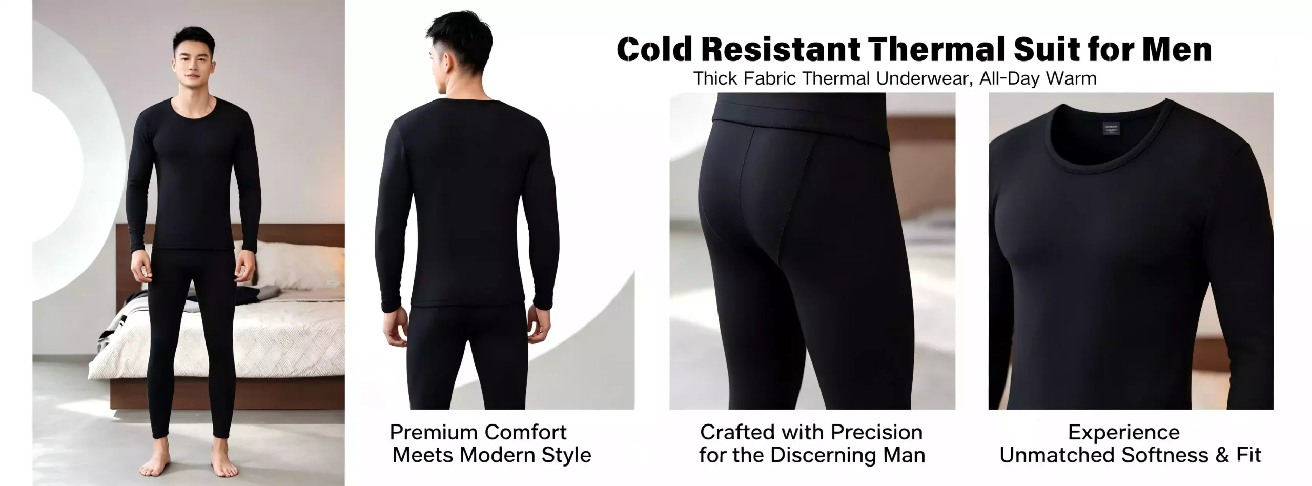 Comprehensive view of a men's black cold-resistant thermal suit, featuring precision tailoring and ultra-soft fabric.