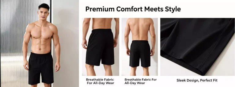 Infographic of men's black lounge shorts, highlighting features like breathable fabric, sleek design, and comfortable fit for all-day wear.