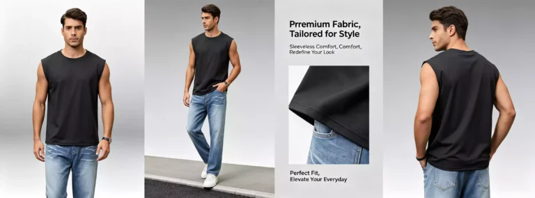 Infographic of a men's black sleeveless muscle tee, showcasing front, side, and back views with fabric detail.
