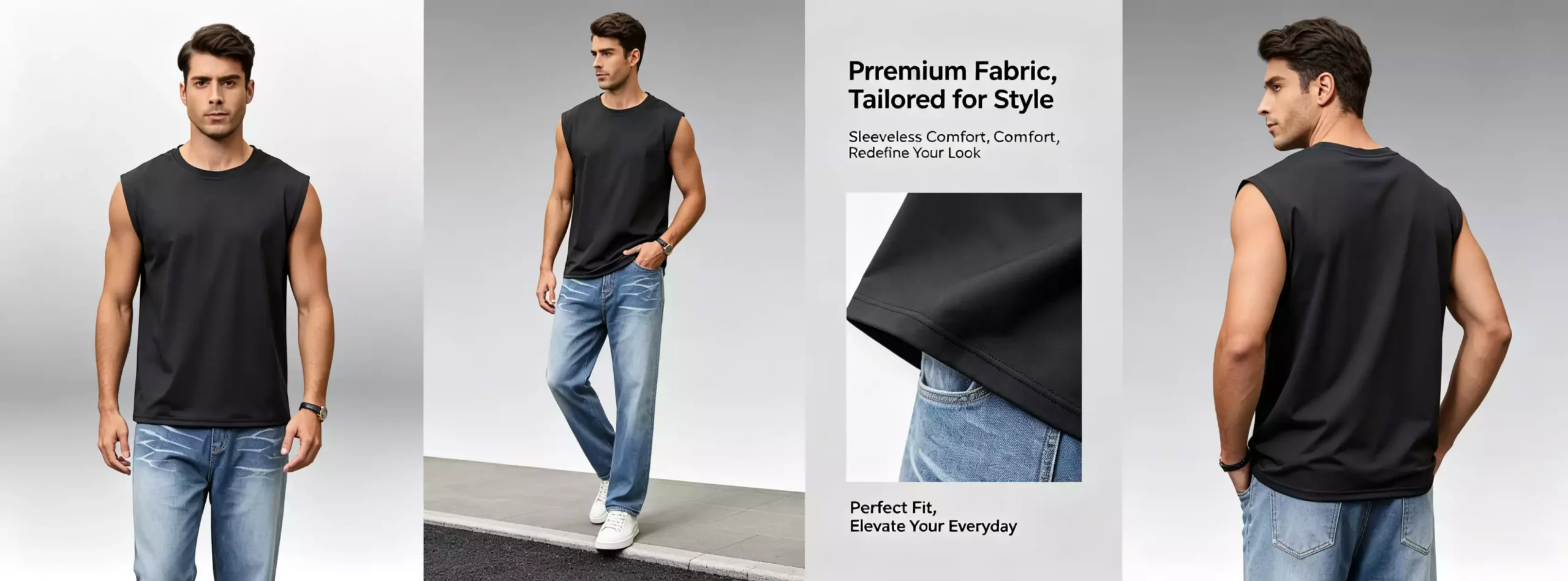 Infographic of a men's black sleeveless muscle tee, showcasing front, side, and back views with fabric detail.