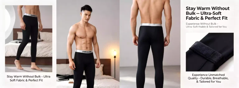 Infographic of black thermal leggings featuring ultra-soft fabric, perfect fit, and durable interior material.