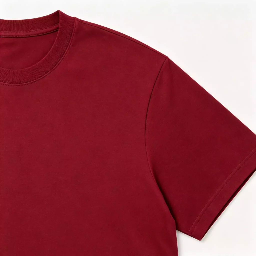 Close-up view of the ribbed neckline and sleeve stitching on a premium burgundy men's crew-neck T-shirt, highlighting fine cotton fabric quality.