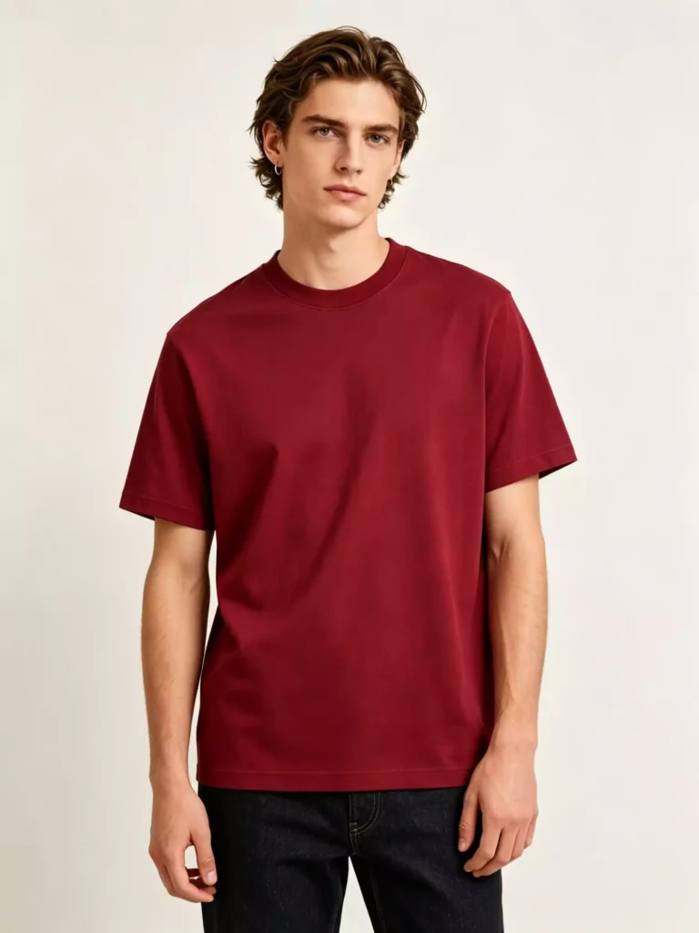 Front view of a male model wearing a premium burgundy crew-neck T-shirt, highlighting the clean fit and high-quality cotton fabric against a neutral background.