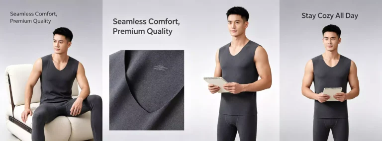 Lifestyle collage of a man wearing a dark grey seamless thermal set, showing close-up of fabric quality and versatile daily use.