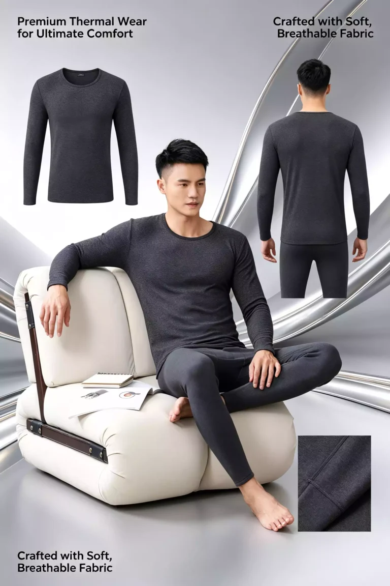Comprehensive overview of a men's dark grey thermal underwear set, highlighting soft, breathable fabric and fit.