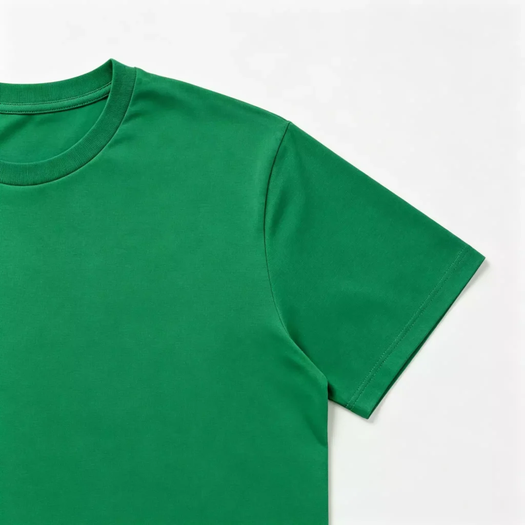 Close-up view of the ribbed neckline and sleeve stitching on a premium emerald green men's crew-neck T-shirt, highlighting the smooth cotton fabric texture.