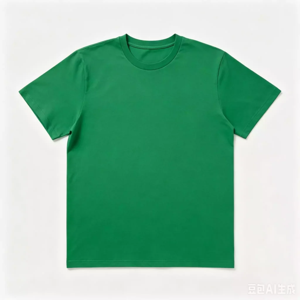 Flat lay of a vibrant emerald green men's crew-neck T-shirt on a clean white background, showcasing its classic short-sleeve cut and minimalist design.
