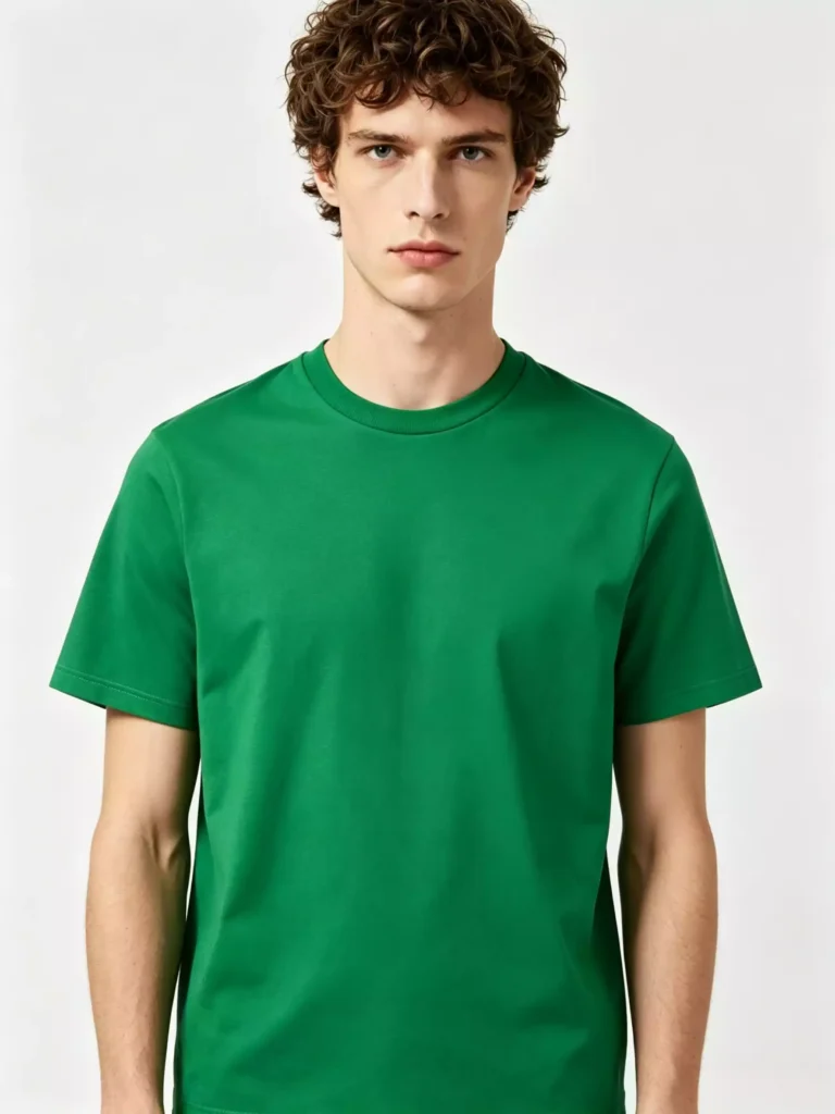 Front view of a male model wearing a vibrant emerald green crew-neck T-shirt, highlighting the slim-fit silhouette and premium cotton fabric against a neutral background