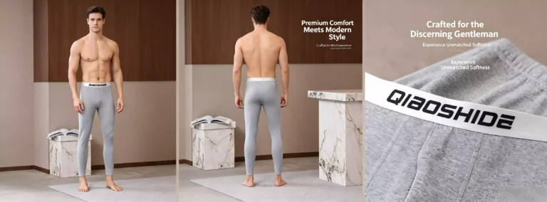 A muscular man wearing QIAOSHIDE grey thermal leggings, showcasing both front and back views with a close-up of the waistband logo.