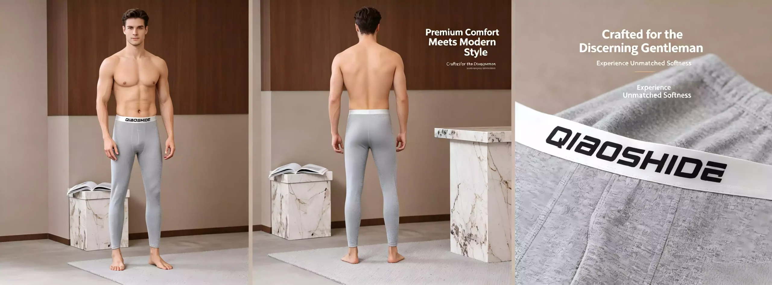 A muscular man wearing QIAOSHIDE grey thermal leggings, showcasing both front and back views with a close-up of the waistband logo.