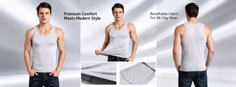 A man wearing a grey breathable tank top, showing front, back, and fabric texture details for comfort and modern style.