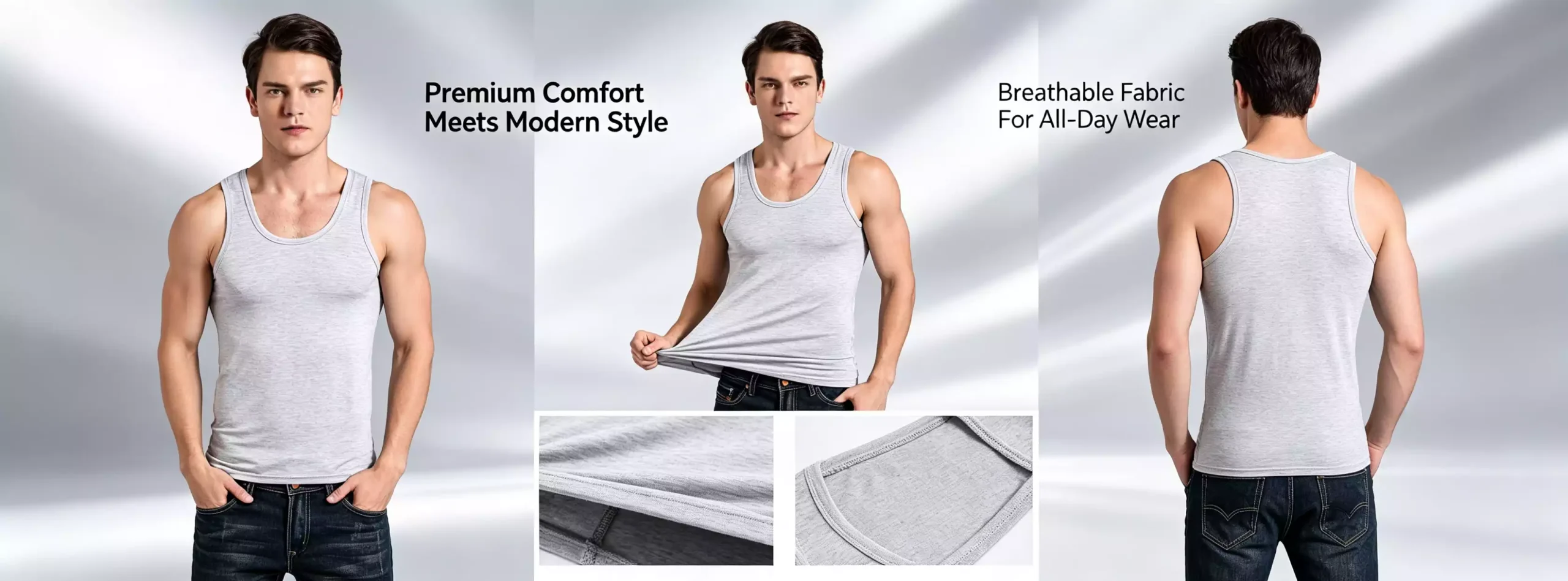 A man wearing a grey breathable tank top, showing front, back, and fabric texture details for comfort and modern style.