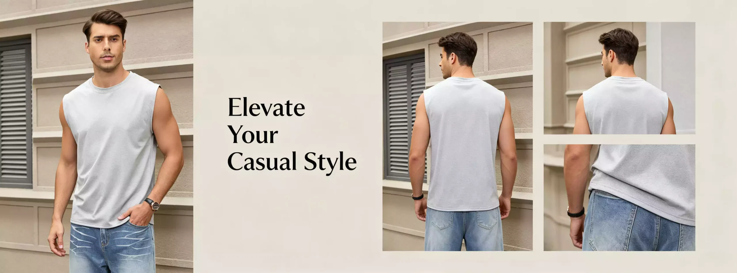 A collage showing a male model wearing a grey sleeveless muscle tee from different angles with the text "Elevate Your Casual Style".