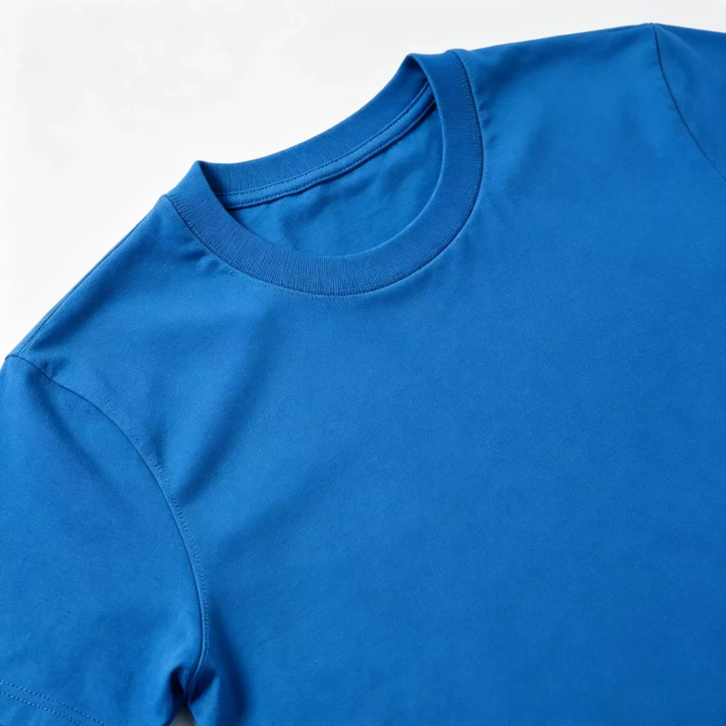 Close-up view of the ribbed neckline and stitching on a premium Klein blue men's crew-neck T-shirt, highlighting the smooth and high-quality cotton fabric texture.