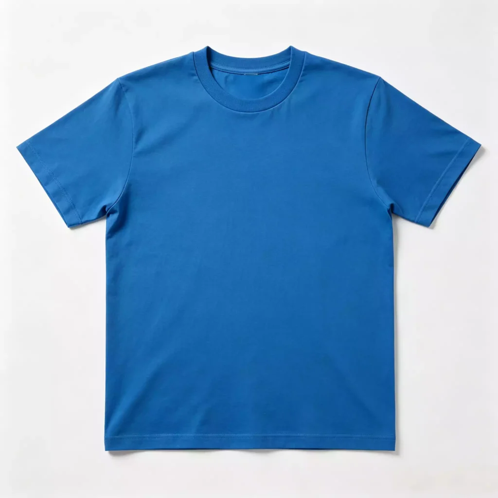 Flat lay of a vibrant Klein blue men's crew-neck T-shirt on a clean white background, showcasing its classic short-sleeve cut and minimalist design.