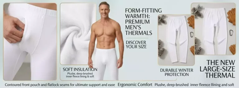 Promotional banner for men's large-size thermal leggings, featuring a man wearing the white fleece-lined thermal pants, with close-ups of the plush inner lining and product design.