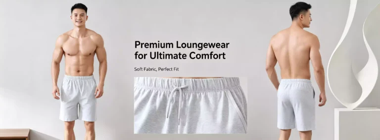 Front and back view of men's light grey lounge shorts, highlighting the adjustable drawstring elastic waistband and soft fabric.
