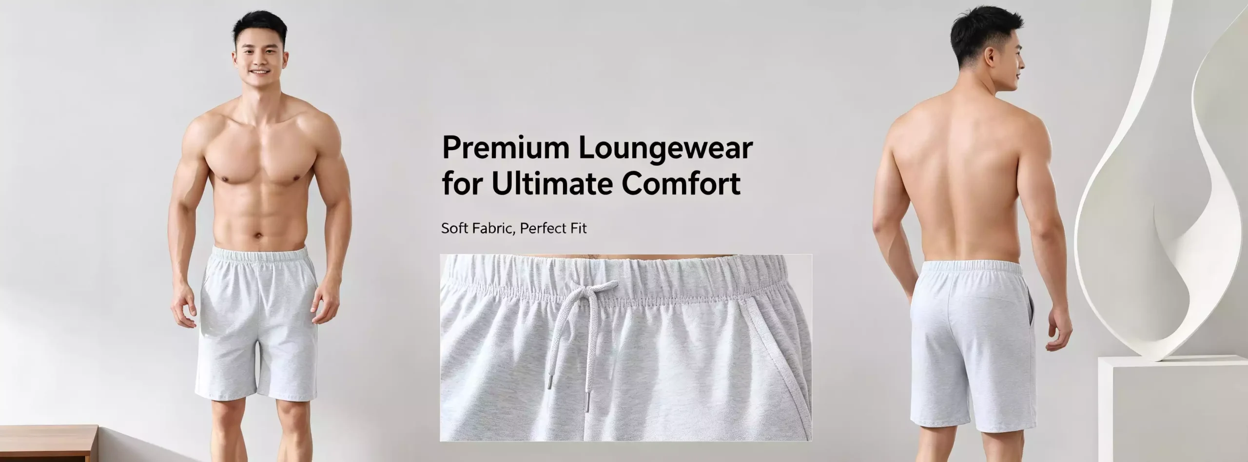 Front and back view of men's light grey lounge shorts, highlighting the adjustable drawstring elastic waistband and soft fabric.
