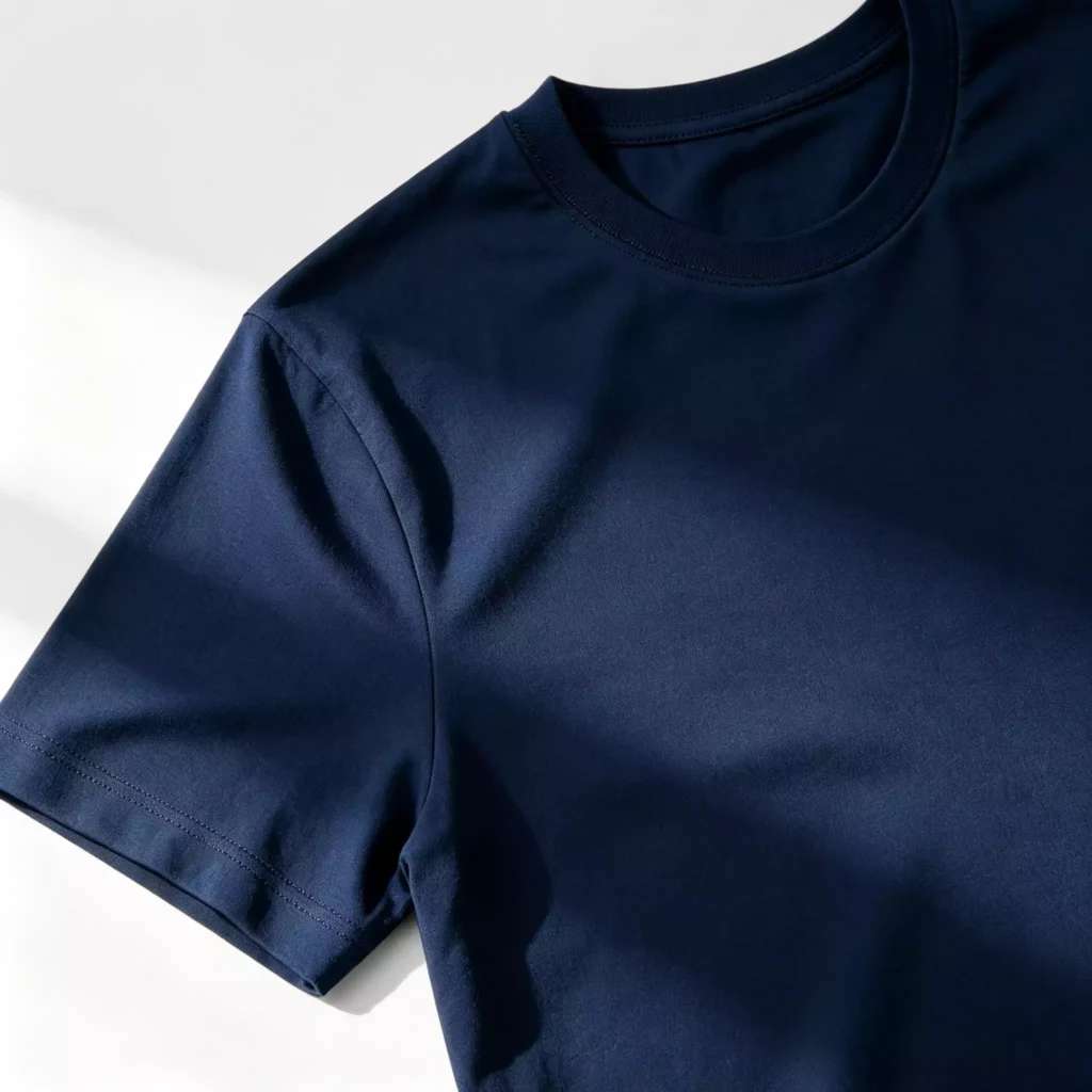 Close-up view of the ribbed neckline and sleeve stitching on a premium navy blue men's crew-neck T-shirt, highlighting the smooth and high-quality cotton fabric texture.