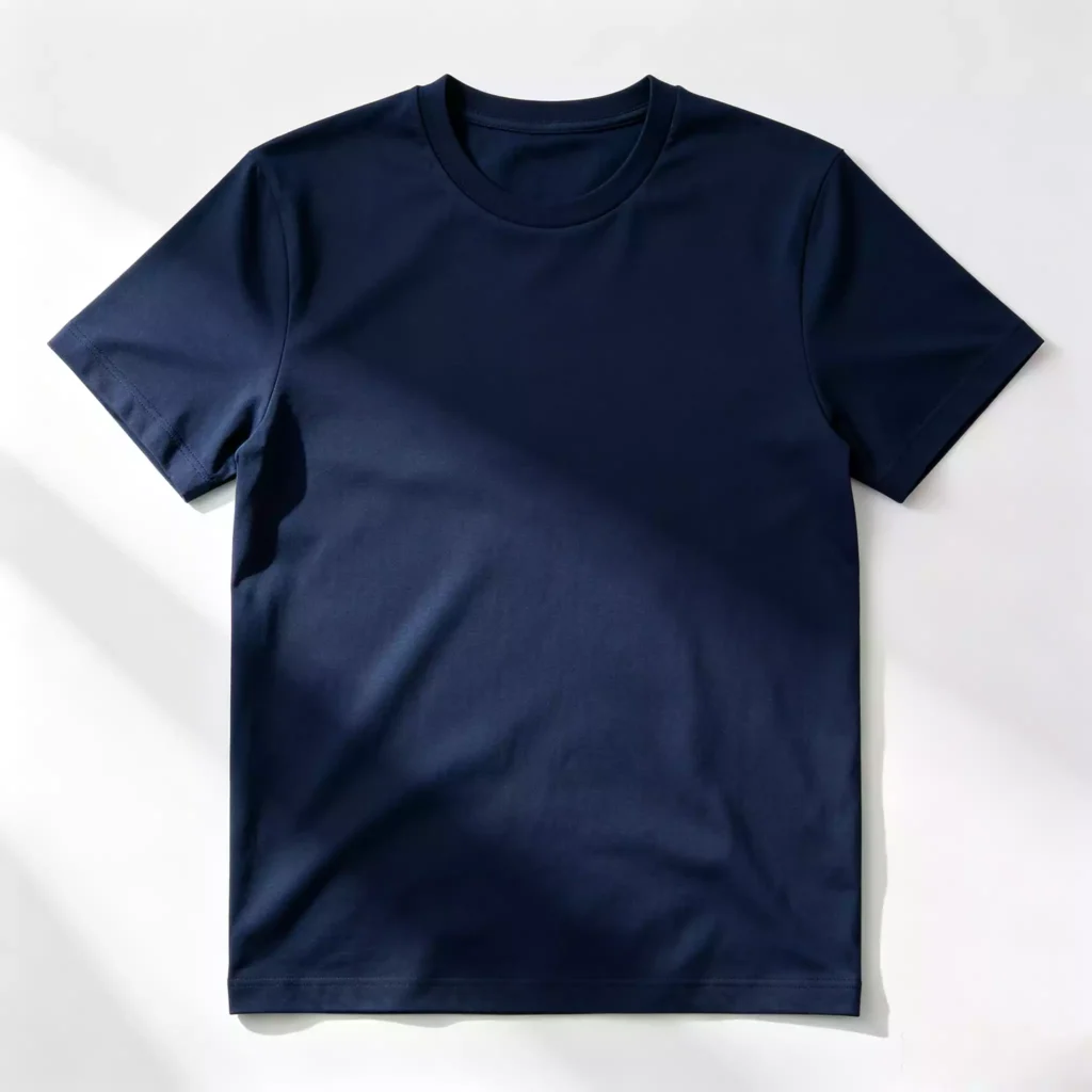 Flat lay of a navy blue men's crew-neck T-shirt on a clean white background, showcasing the classic short-sleeve cut and minimalist design.