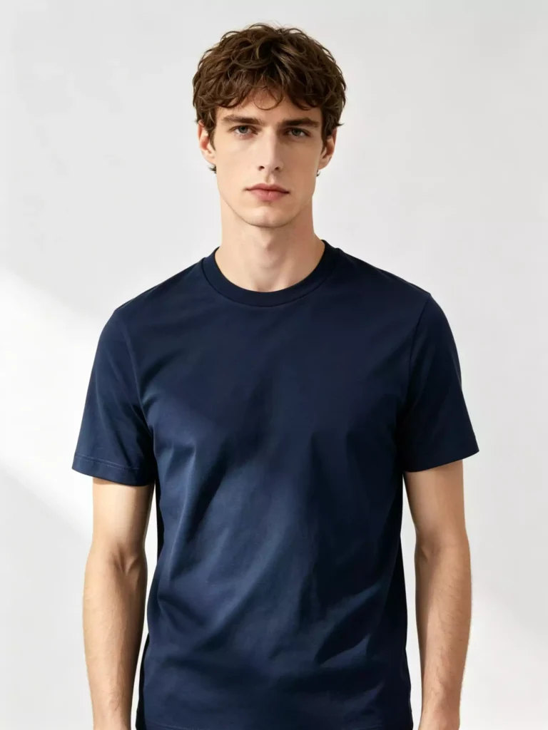 Front view of a male model wearing a premium navy blue crew-neck T-shirt, highlighting the slim-fit silhouette and high-quality cotton fabric against a neutral studio background.