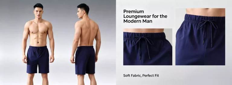 Men's navy blue lounge shorts featuring adjustable drawstring elastic waist, front and back view, premium comfortable fit.