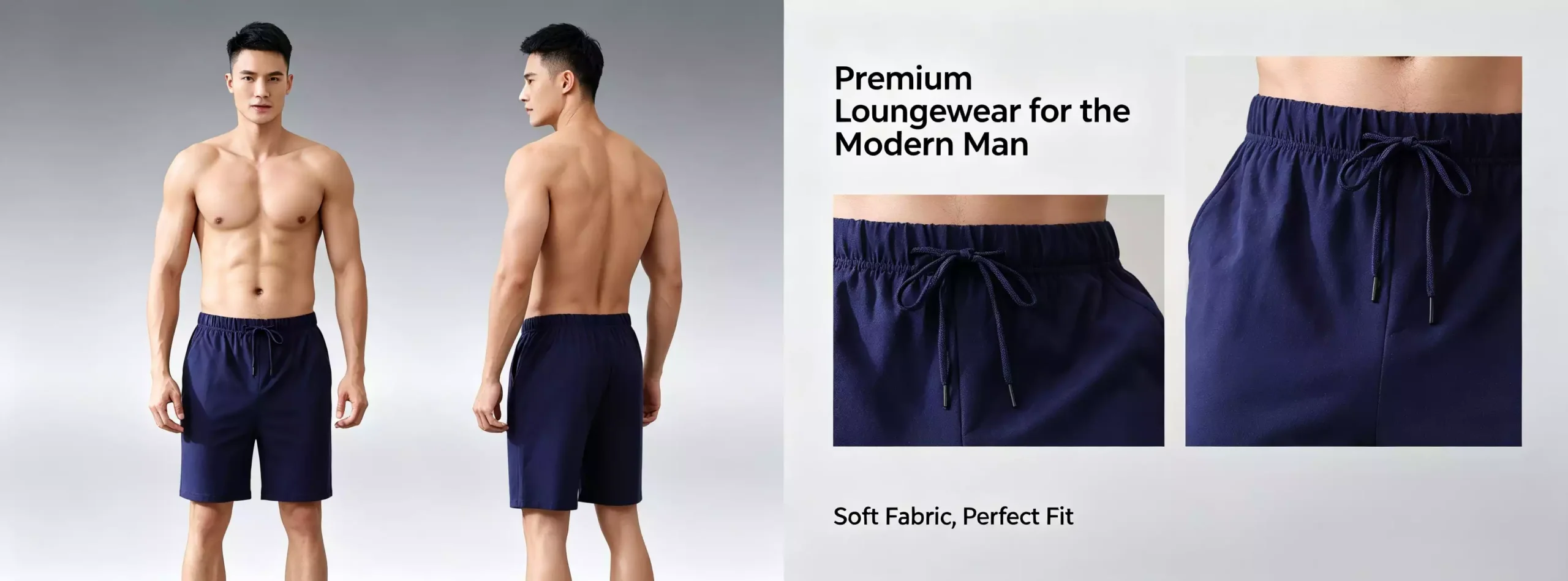 Men's navy blue lounge shorts featuring adjustable drawstring elastic waist, front and back view, premium comfortable fit.