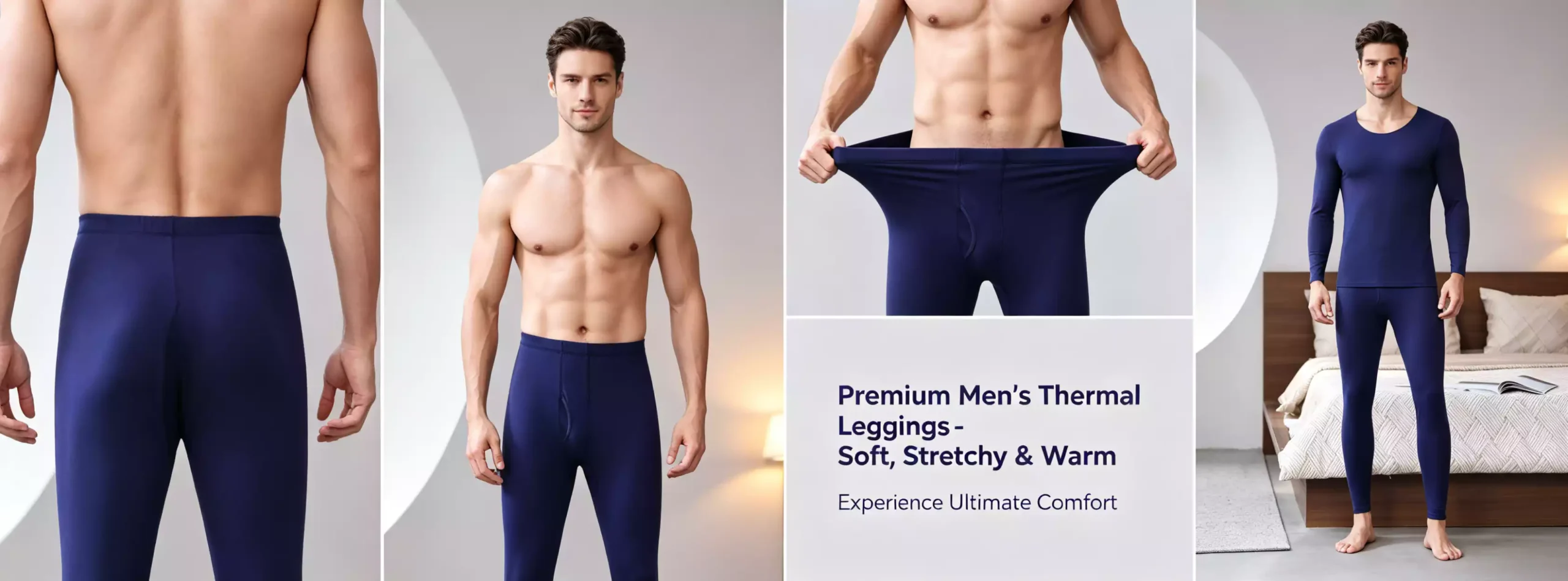 Composite image showing the back, front, and stretchability of men's premium navy blue thermal leggings, worn by a fit model.