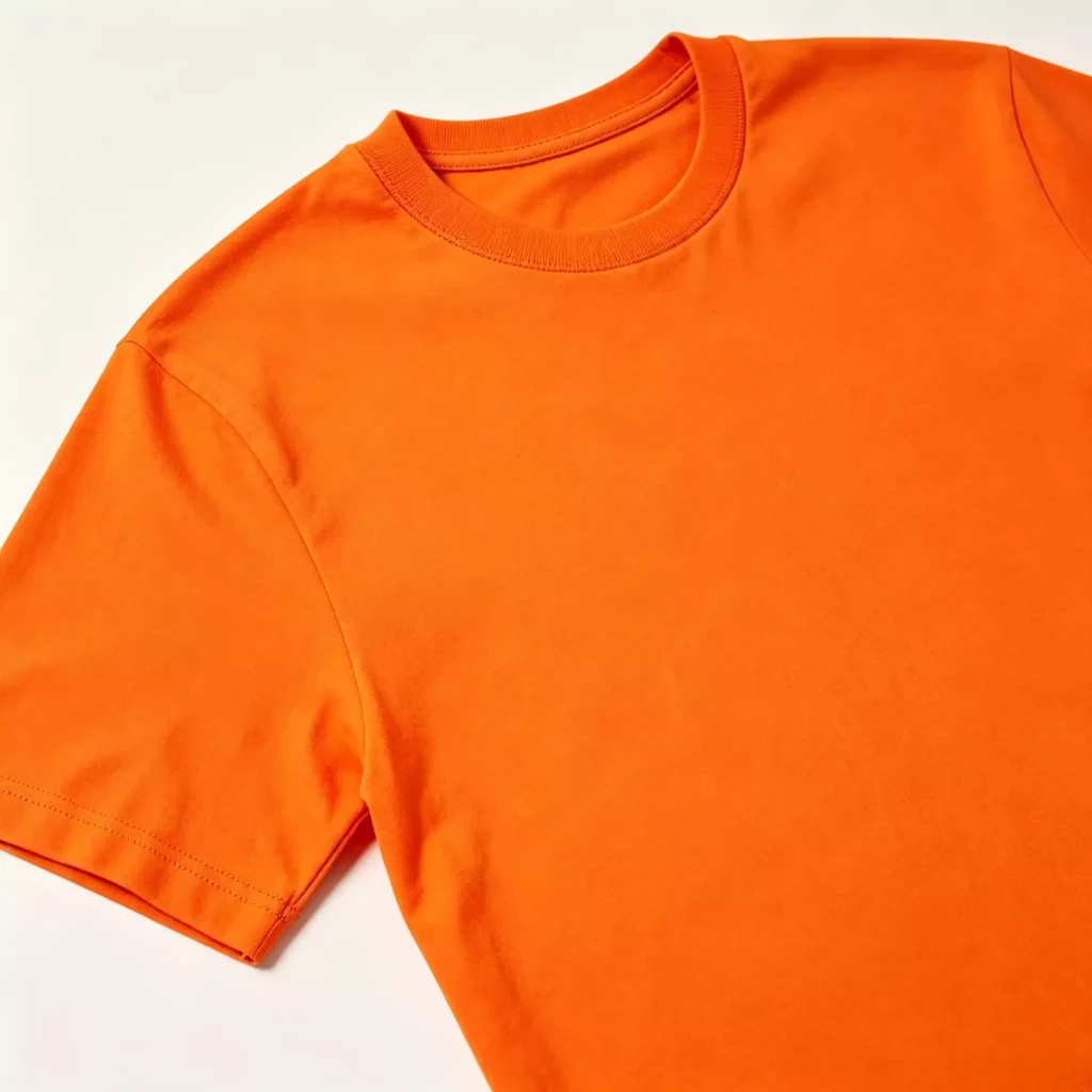 A comprehensive product view of a premium men's orange crew-neck T-shirt, showcasing flat lay, model portrait, and close-up fabric texture, highlighting "Premium Quality," "Soft Fabric," and "Stylish Design."