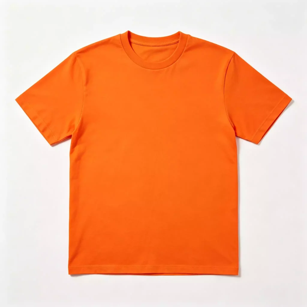 Flat lay view of a vibrant orange men's crew-neck T-shirt against a clean white background, showcasing its classic cut and smooth fabric quality.