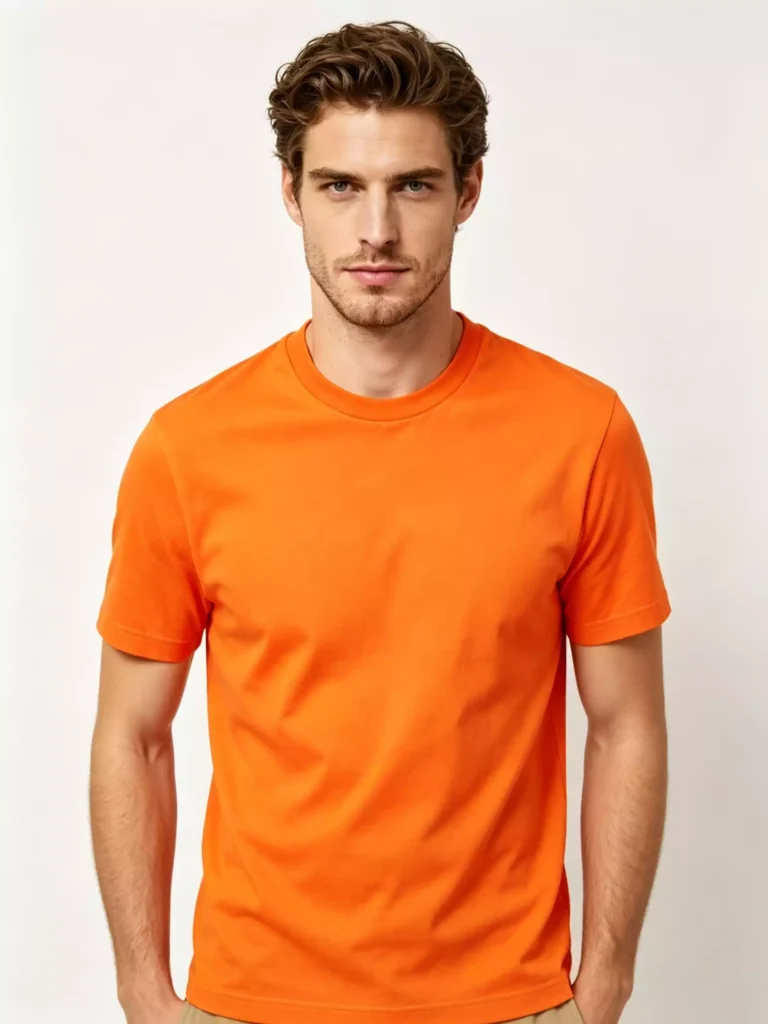 Front view of a handsome man wearing a vibrant orange crew-neck T-shirt, highlighting the slim-fit silhouette and premium cotton fabric.