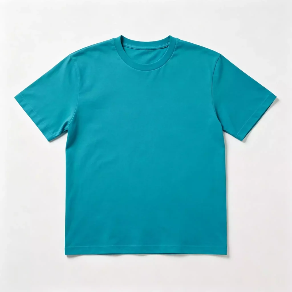 Flat lay of a vibrant peacock blue men's crew-neck T-shirt on a clean white background, showcasing its classic short-sleeve cut and minimalist design.