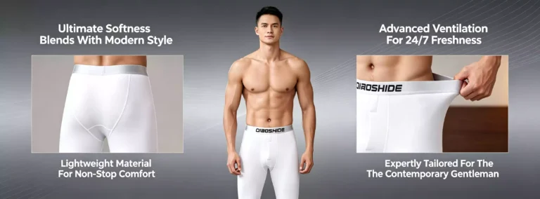 A man wearing white performance underwear, highlighting lightweight material, advanced ventilation, and a modern tailored fit.