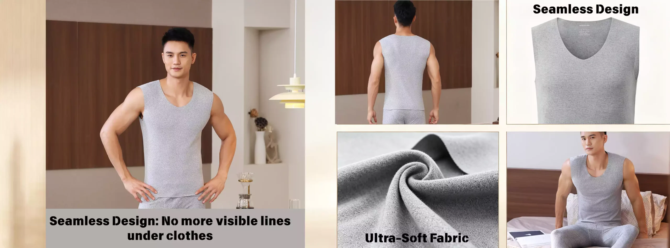 Collage showing features of a men's seamless thermal set: no visible lines under clothes, ultra-soft fabric close-up, and versatile fit for daily wear.
