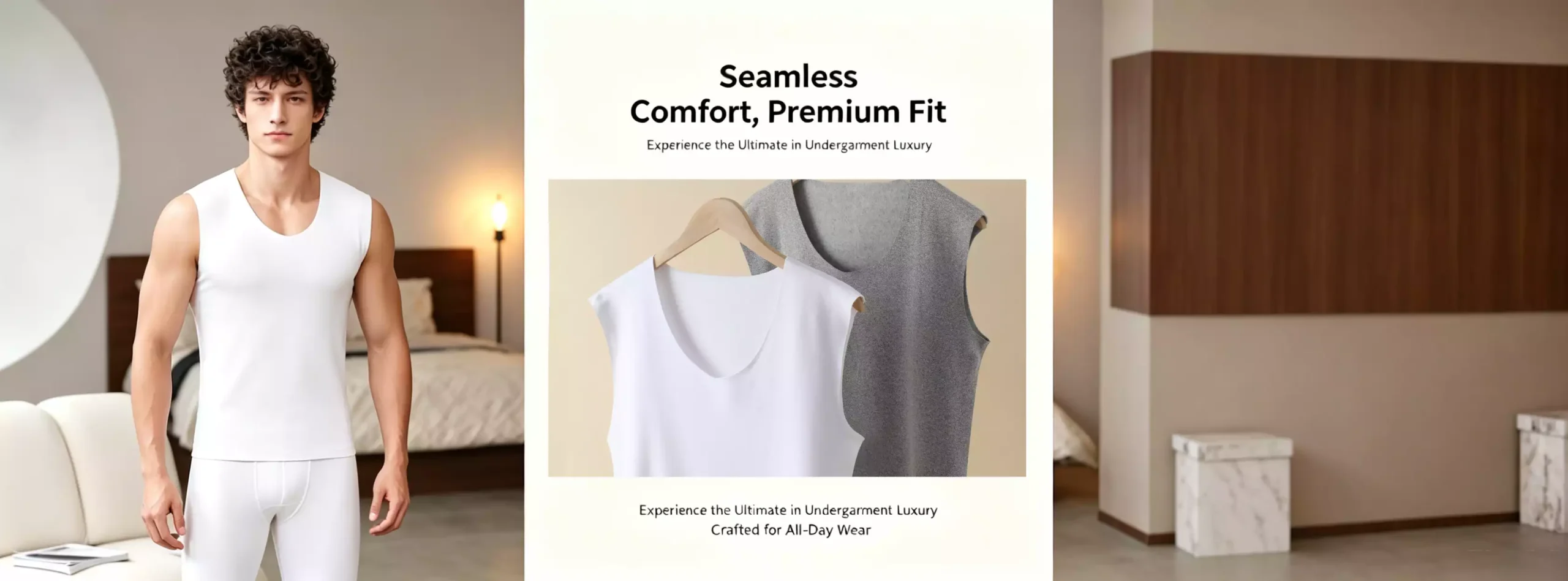 A model wearing a white sleeveless thermal undershirt next to a graphic showing white and grey seamless undershirts on hangers, highlighting comfort and premium fit.