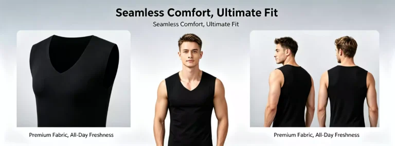 Comprehensive view of a men's black seamless thermal undershirt, highlighting premium fabric, all-day freshness, and comfortable fit from front and back angles.