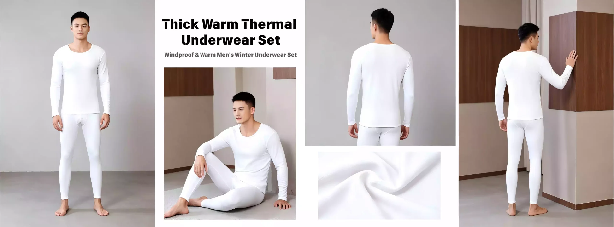 Infographic showing a white thick warm thermal underwear set for men, featuring windproof design and fabric details.